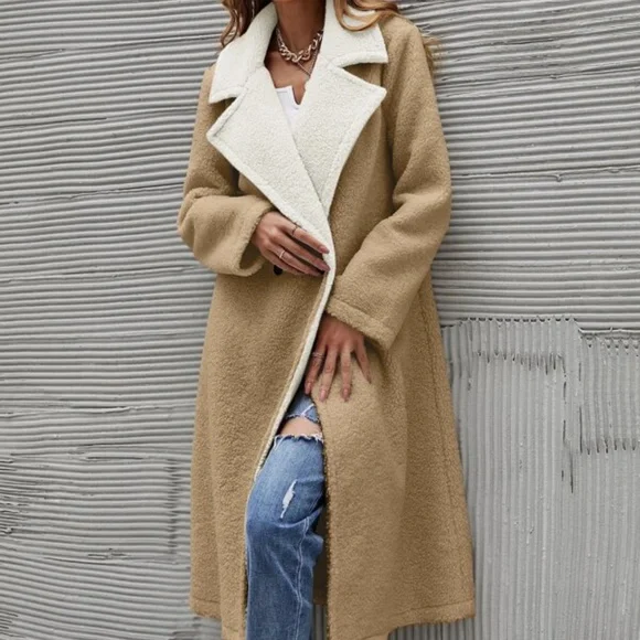 Cozy Khaki Teddy Long Coat Jacket Minimalist - Picture 3 of 12
